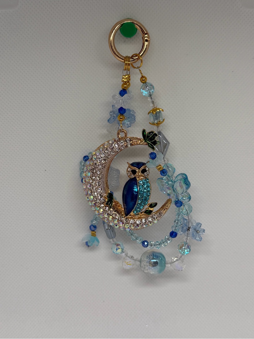 Blue Crystal Owl on Moon Pendant Keychain